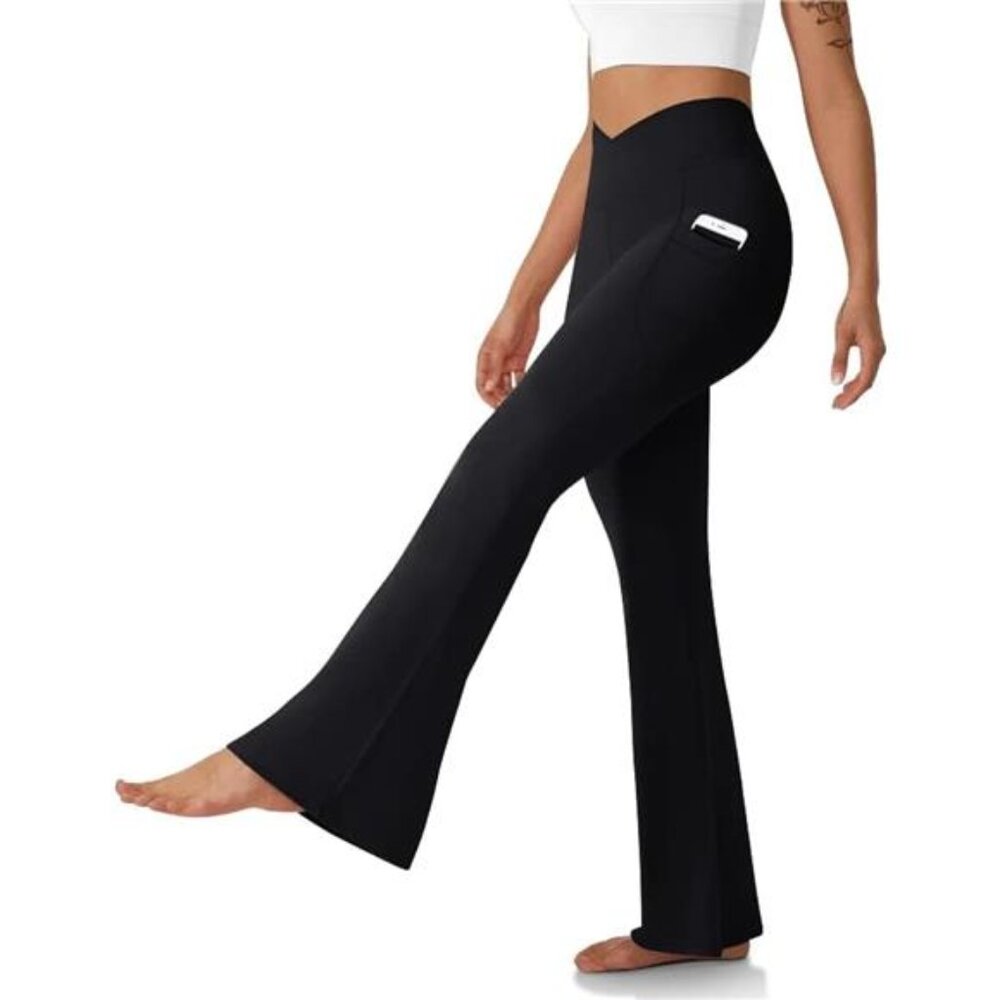 Women's Flare Leggings with Pockets-Crossover High Waisted Bootcut Yoga